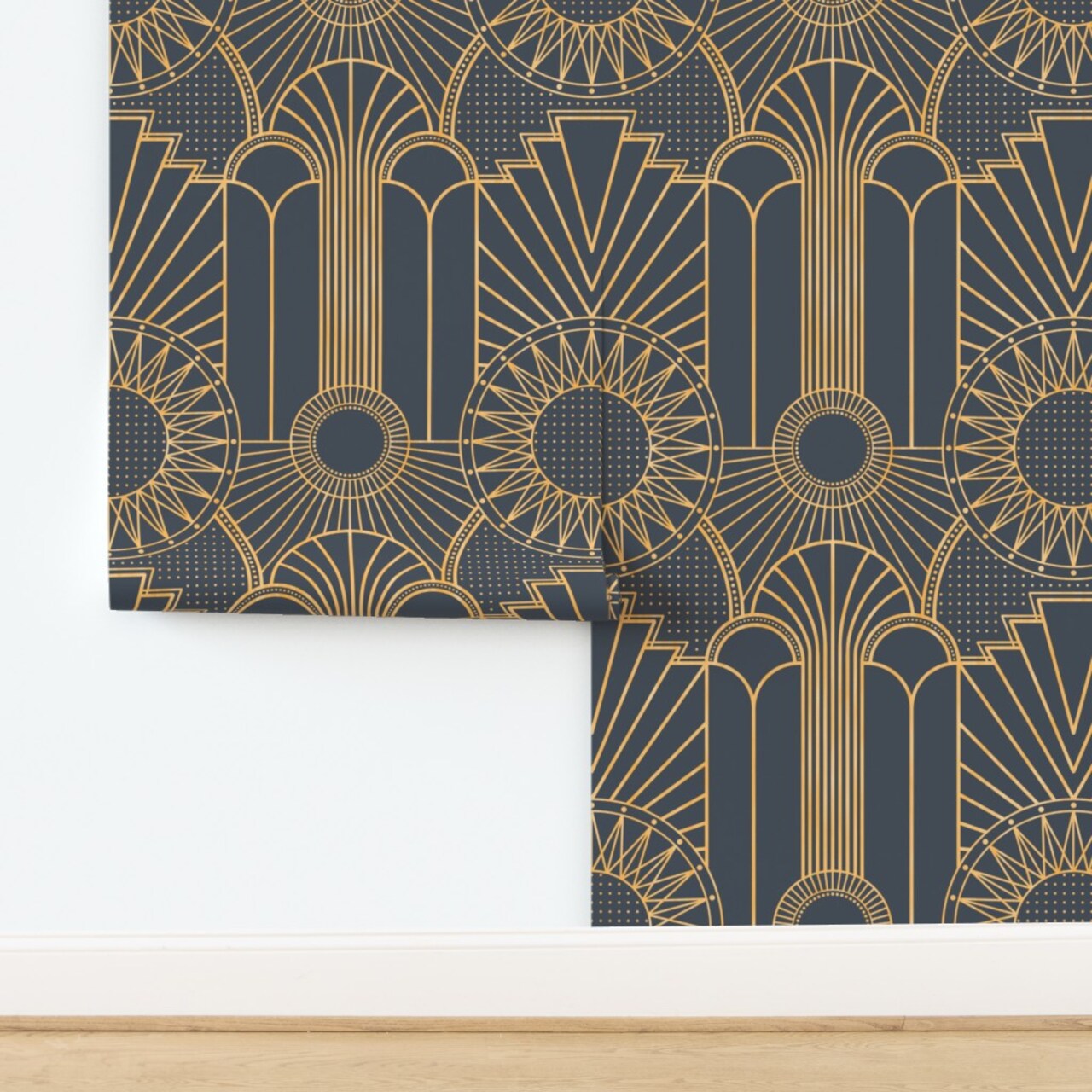 Bold Geometric Blue Gray Yellow Dots Circles Scallop Fan Retro Custom Removable Wallpaper by Spoonflower Peel & Stick Wallpaper 2FT Wide